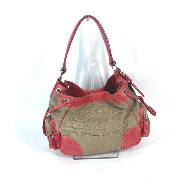PRADA Bucket type Logo drawstring bag Shoulder Bag Leather/Canvas Beige/Red - Picture 2 of 16